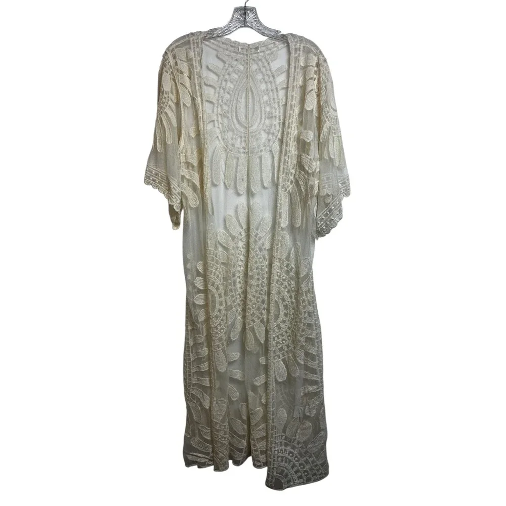 Cream Floral Lace Mesh Duster Cardigan Sheer Boho Longline Coverup One Size - Picture 1 of 6